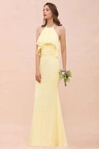 Halter Mermaid Chiffon Girls Bridesmaid Dress Yellow Floor length Beach Wedding Dress