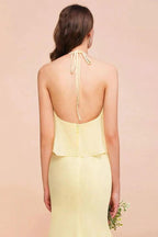 Halter Mermaid Chiffon Girls Bridesmaid Dress Yellow Floor length Beach Wedding Dress