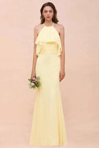 Halter Mermaid Chiffon Girls Bridesmaid Dress Yellow Floor length Beach Wedding Dress