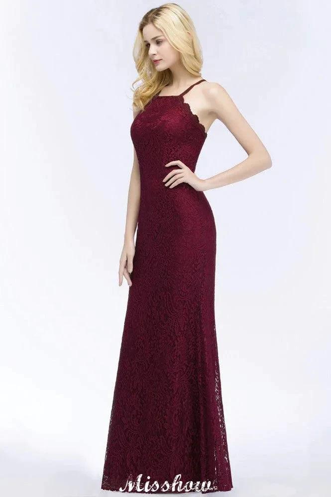 Halter Mermaid Evening Dress Floor Length Lace Burgundy Bridesmaid Dresses