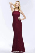 Halter Mermaid Evening Dress Floor Length Lace Burgundy Bridesmaid Dresses
