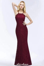 Halter Mermaid Evening Dress Floor Length Lace Burgundy Bridesmaid Dresses