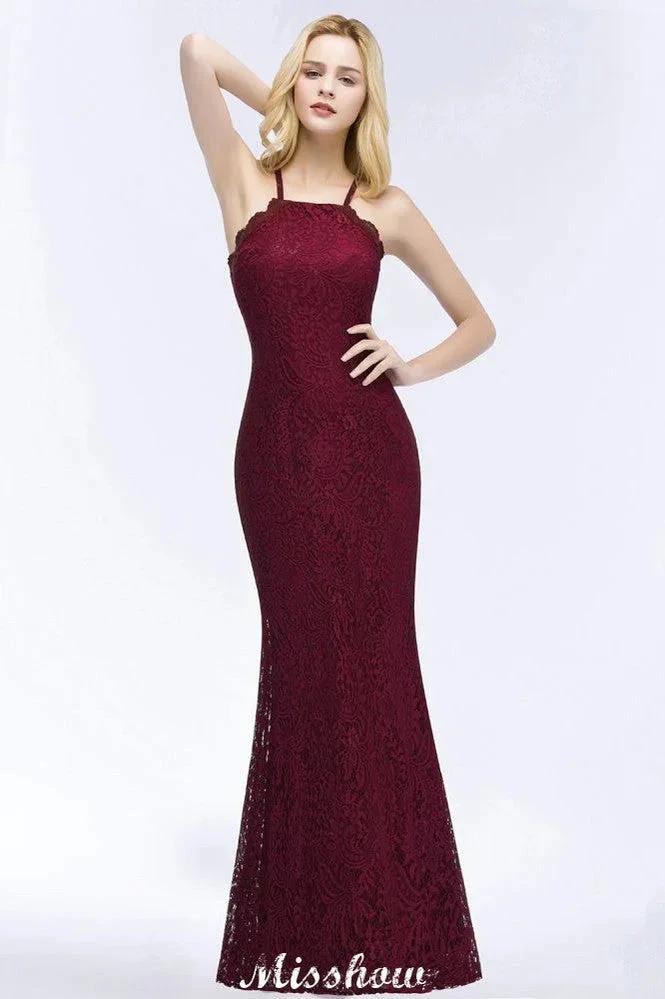 Halter Mermaid Evening Dress Floor Length Lace Burgundy Bridesmaid Dresses
