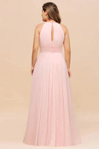 Halter Pink Bridesmaid Dress Plus Size Chiffon Wedding party Dress for Girls