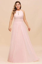 Halter Pink Bridesmaid Dress Plus Size Chiffon Wedding party Dress for Girls