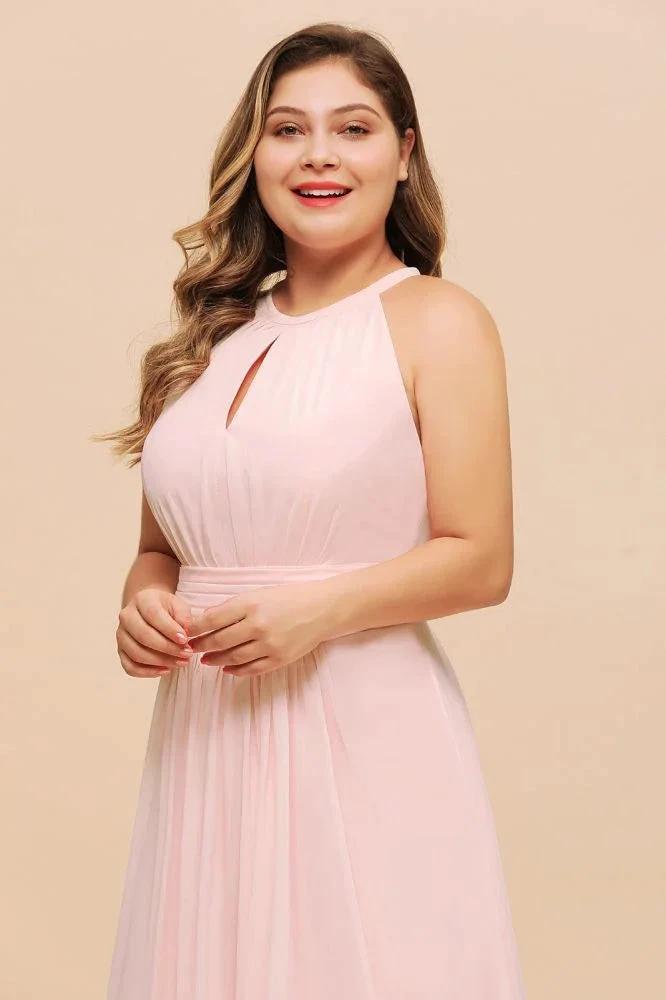 Halter Pink Bridesmaid Dress Plus Size Chiffon Wedding party Dress for Girls