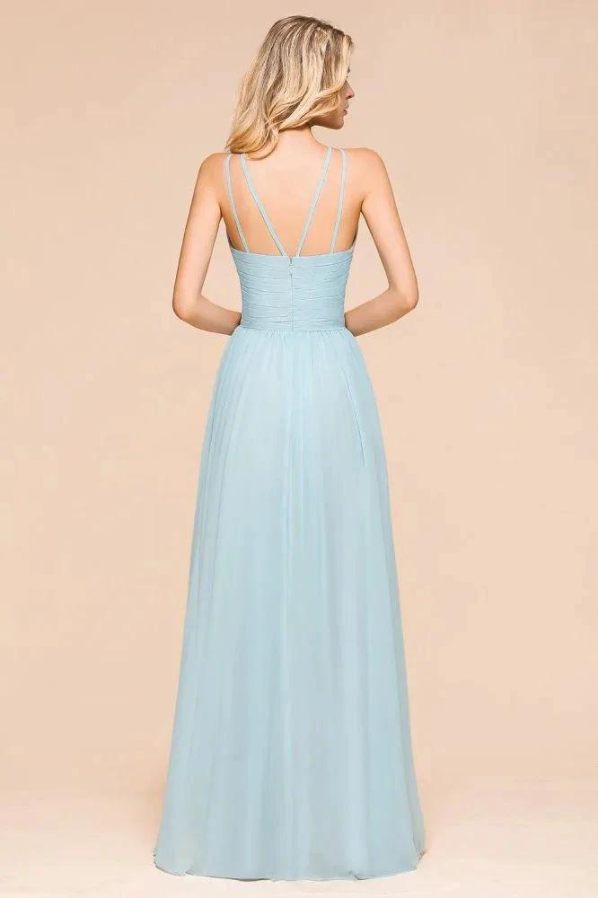 Halter Sky Blue Floor Length Bridesmaid Dress online Sleeveless A-line party Dress