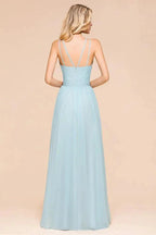 Halter Sky Blue Floor Length Bridesmaid Dress online Sleeveless A-line party Dress