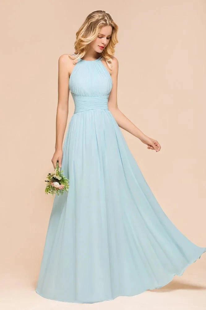 Halter Sky Blue Floor Length Bridesmaid Dress online Sleeveless A-line party Dress