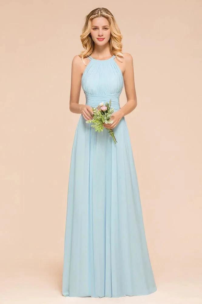 Halter Sky Blue Floor Length Bridesmaid Dress online Sleeveless A-line party Dress