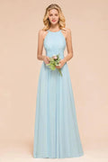 Halter Sky Blue Floor Length Bridesmaid Dress online Sleeveless A-line party Dress
