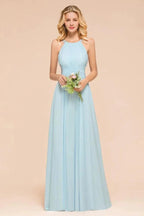 Halter Sky Blue Floor Length Bridesmaid Dress online Sleeveless A-line party Dress