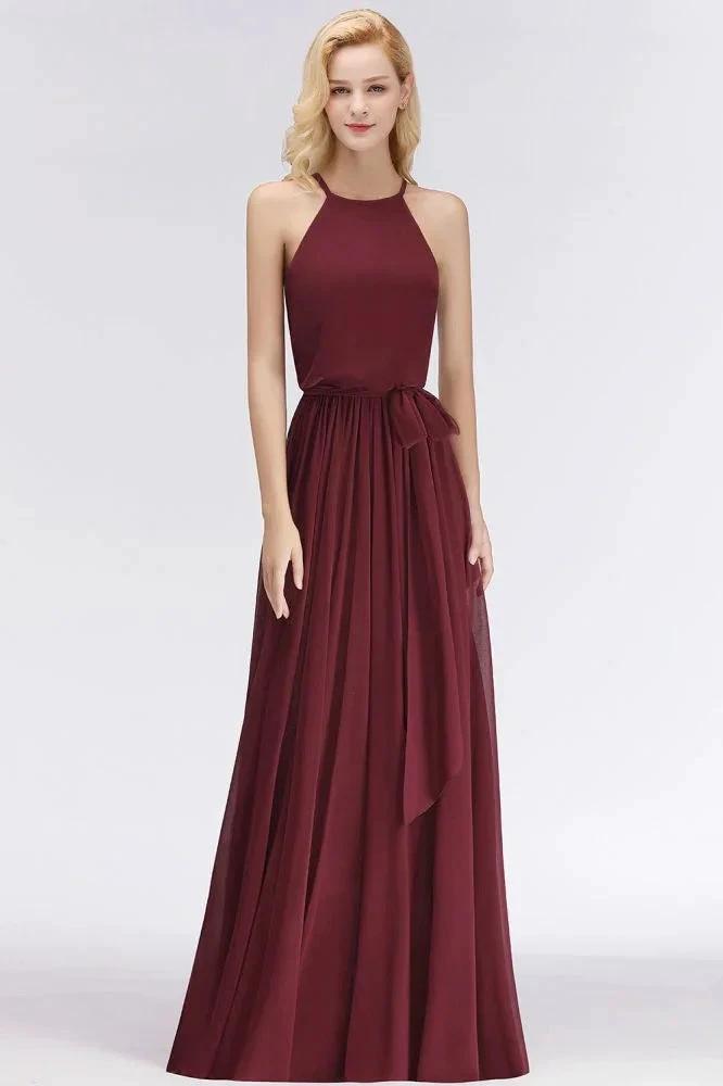 Halter Sleeveless A-line Burgundy Ruffles Chiffon Bridesmaid Dresses