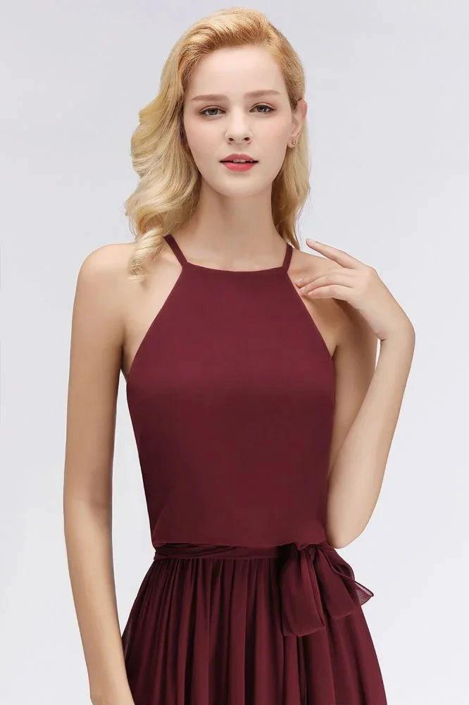 Halter Sleeveless A-line Burgundy Ruffles Chiffon Bridesmaid Dresses