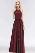 Halter Sleeveless A-line Burgundy Ruffles Chiffon Bridesmaid Dresses