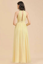 Halter Sleeveless Daffodil Chiffon Bridesmaid Dress with Ruffles