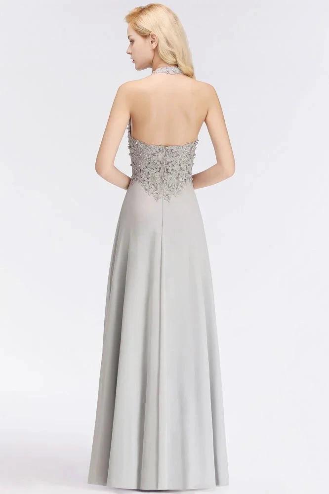 Halter Sleeveless Floral Appliques Evening Party Dress Aline Floor Length Bridesmaid Dress