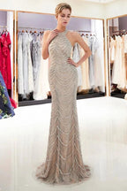 Halter Sleeveless Long Sequined Pattern Mermaid Evening Dress