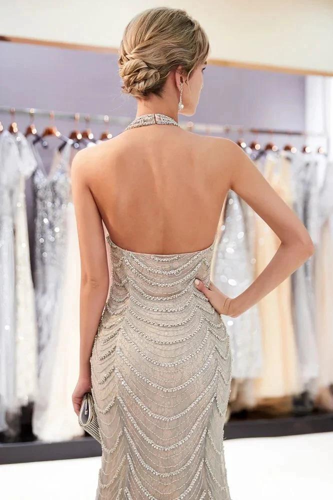 Halter Sleeveless Long Sequined Pattern Mermaid Evening Dress