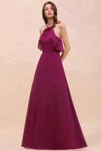 Halter Sleeveless Purple Bridesmaid Dress with Side Pockets