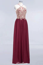 Halter Spaghetti Gold Appliques Swing Dress Sleeveless Tulle Chiffon Evening Maxi Dress
