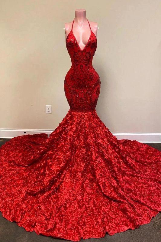 Halter Spaghetti Strapes Glitter Floral Lace Mermaid Prom Dress