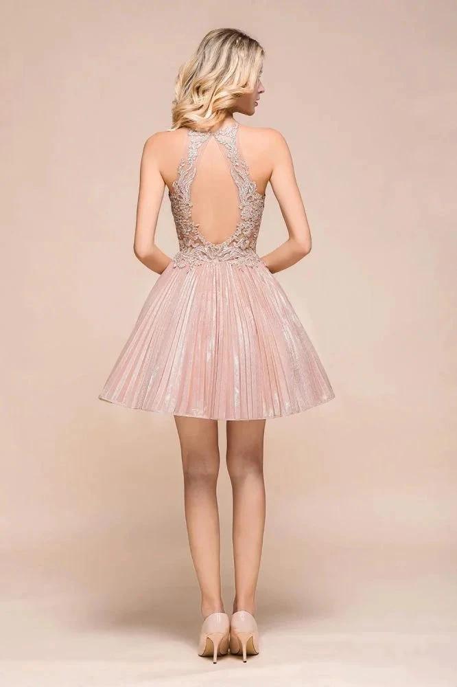 Halter Sparkly Short Homecoming Dress Floral Lace Aline Prom Dress Knee Length