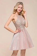 Halter Sparkly Short Homecoming Dress Floral Lace Aline Prom Dress Knee Length