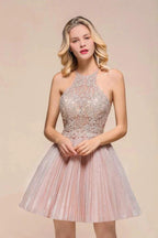 Halter Sparkly Short Homecoming Dress Floral Lace Aline Prom Dress Knee Length
