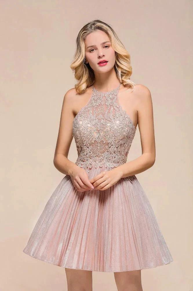 Halter Sparkly Short Homecoming Dress Floral Lace Aline Prom Dress Knee Length