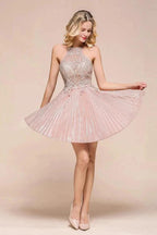 Halter Sparkly Short Homecoming Dress Floral Lace Aline Prom Dress Knee Length