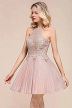 Halter Sparkly Short Homecoming Dress Floral Lace Aline Prom Dress Knee Length