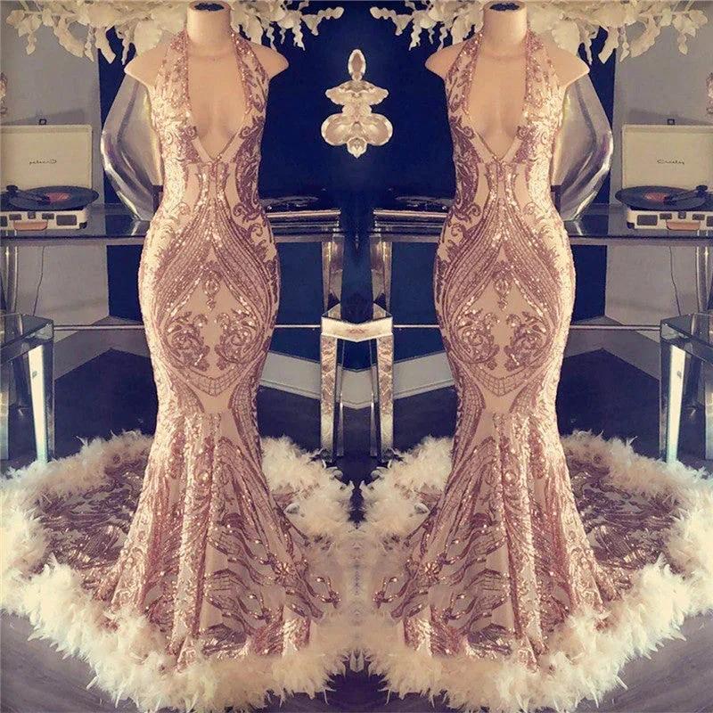 Halter V-neck Sequined Appliques Prom Dress with Feather