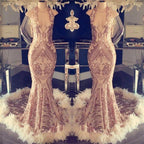 Halter V-neck Sequined Appliques Prom Dress with Feather