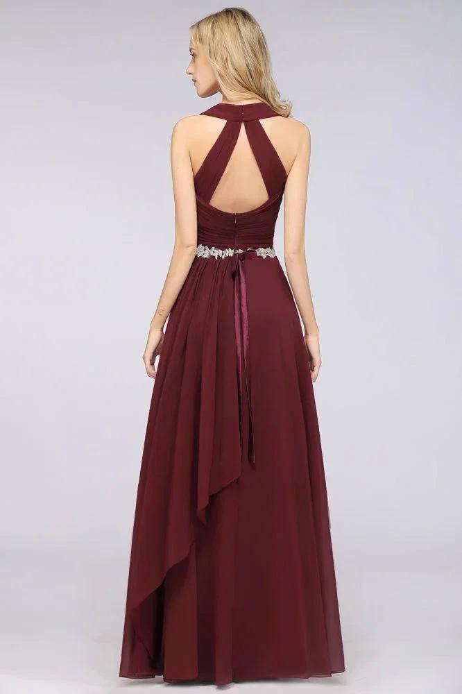 Halter V-Neck Sleeveless Ruffle Bridesmaid Dress with Appliques Sashes Evening Swing Dress