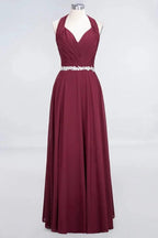 Halter V-Neck Sleeveless Ruffle Bridesmaid Dress with Appliques Sashes Evening Swing Dress