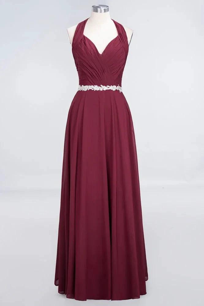 Halter V-Neck Sleeveless Ruffle Bridesmaid Dress with Appliques Sashes Evening Swing Dress