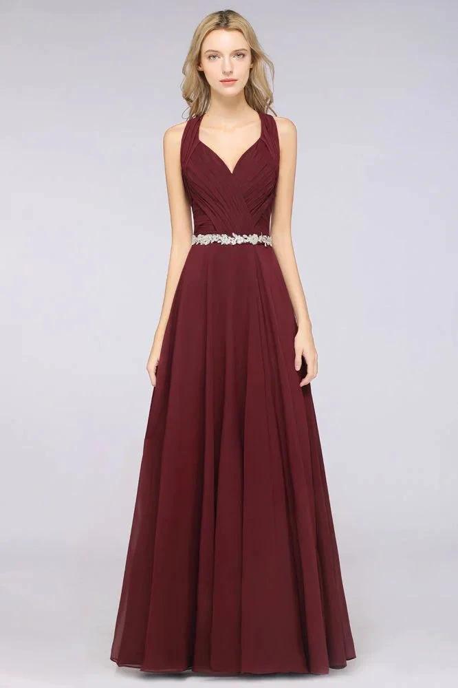 Halter V-Neck Sleeveless Ruffle Bridesmaid Dress with Appliques Sashes Evening Swing Dress