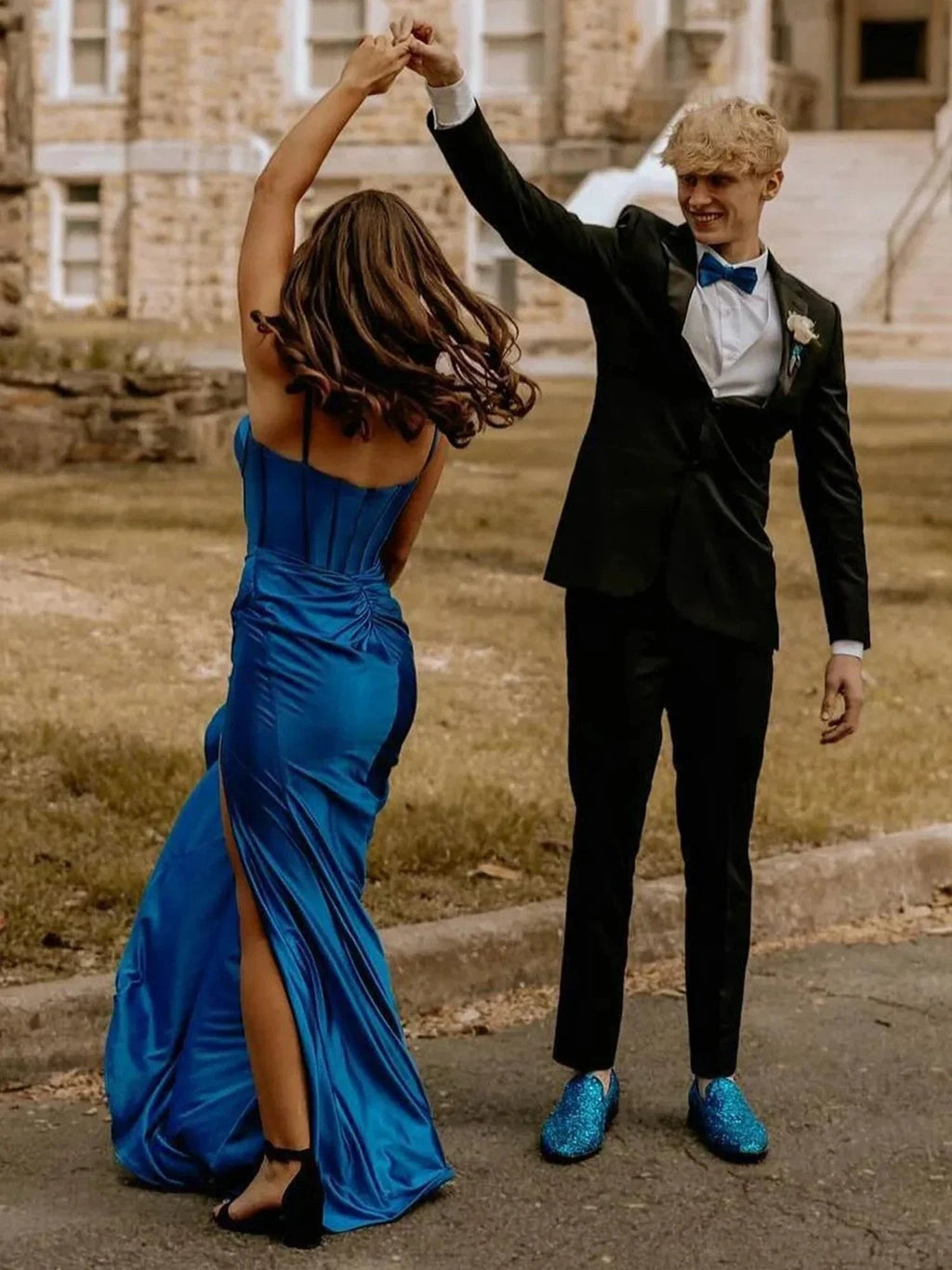 Alexia | Blue Satin Mermaid Long Formal Dress with Slit