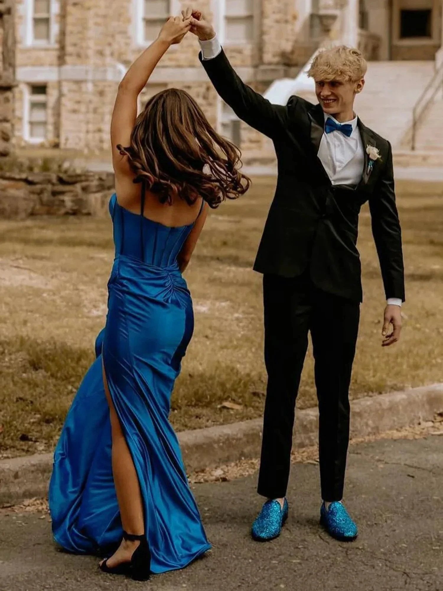 Alexia | Blue Satin Mermaid Long Formal Dress with Slit