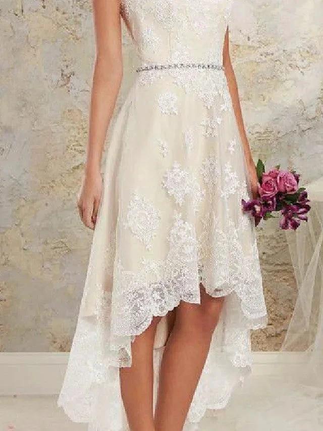 High Low A-Line Asymmetrical Lace Tulle Sleeveless Wedding Dresses