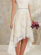 High Low A-Line Asymmetrical Lace Tulle Sleeveless Wedding Dresses