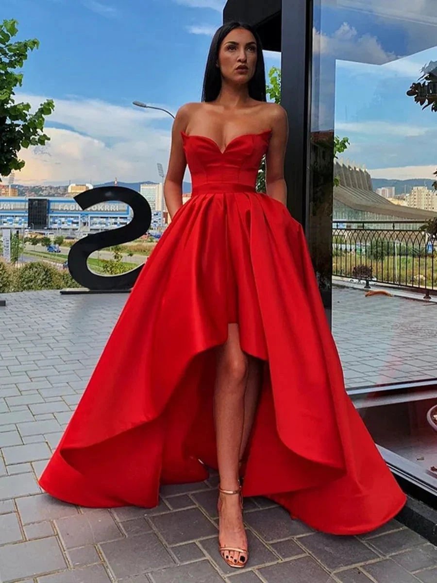 High Low A-line Sweetheart Red Formal Prom Dresses with Pockets