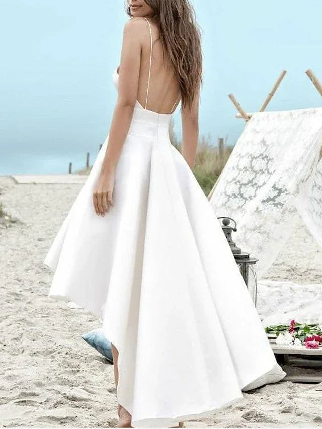 High Low A-Line V Neck Spaghetti Strap Satin Wedding Dresses with Pockets