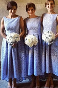 High Low Bateau Sleeveless Light Sky Blue Lace Bridesmaid Dress  BD046