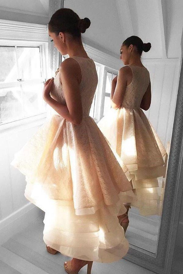 High Low Peach Lace Short Homecoming Dress Party Dresses PG142