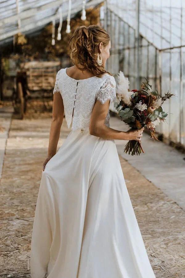 High Low Two Piece Satin Lace Wedding Dress with Sleeves