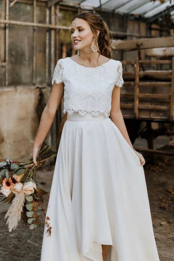 High Low Two Piece Satin Lace Wedding Dress with Sleeves
