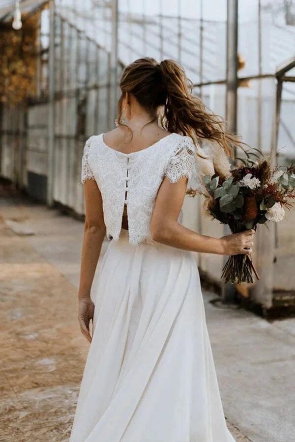 High Low Two Piece Satin Lace Wedding Dress with Sleeves