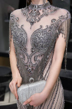 High Neck Cap sleeves Sparkle Beads Long Prom Dresses